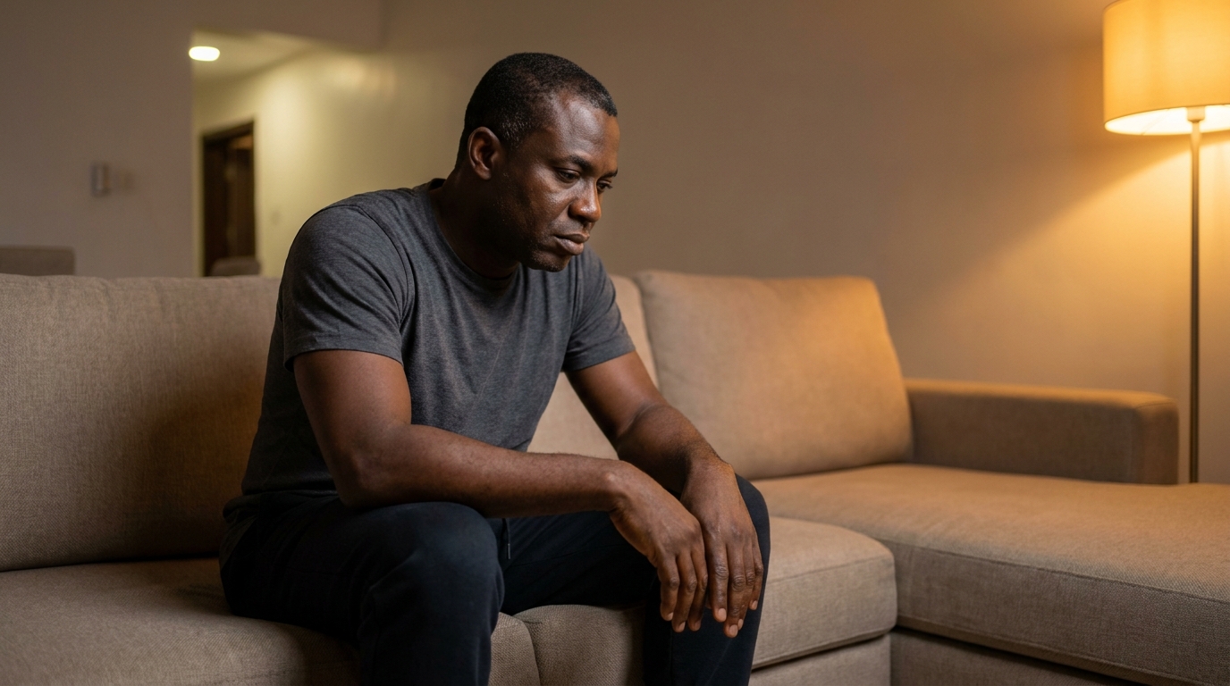 Man sitting quietly at home, looking reflective